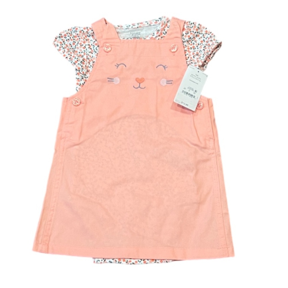 NWT Carter’s Onsesie/Dress Overall Set Size 12 Months  Cat Face Pink